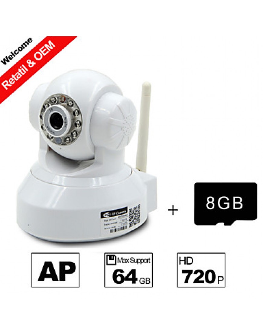 8GB TF Card and H.264 WIFI Camera IP HD 720P 1.0M Pixels PTZ IR Night Vision Wired or Wireless Camera WIFI